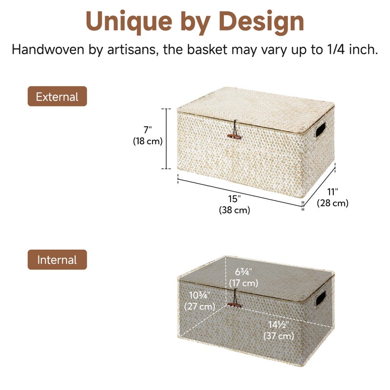 StorageWorks Wicker Baskets with Lid, Seagrass Storage Baskets for Shelves, Decorative Box with Built-in Handles,White - Image 2