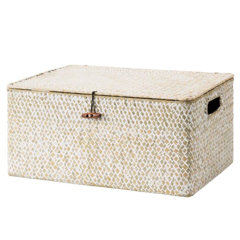 StorageWorks Wicker Baskets with Lid, Seagrass Storage Baskets for Shelves, Decorative Box with Built-in Handles,White - Image 1