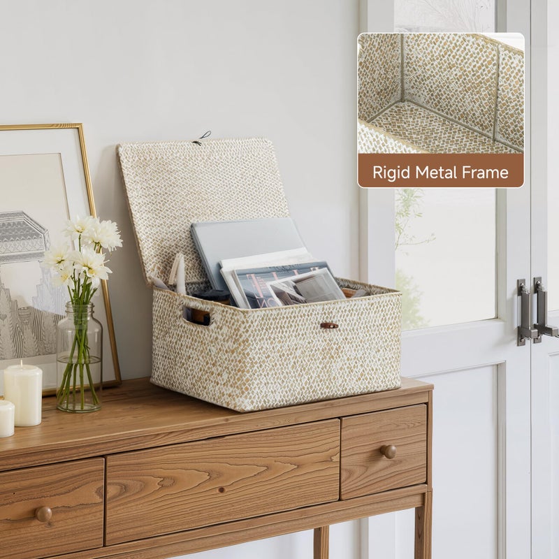 StorageWorks Wicker Baskets with Lid, Seagrass Storage Baskets for Shelves, Decorative Box with Built-in Handles,White - Image 5