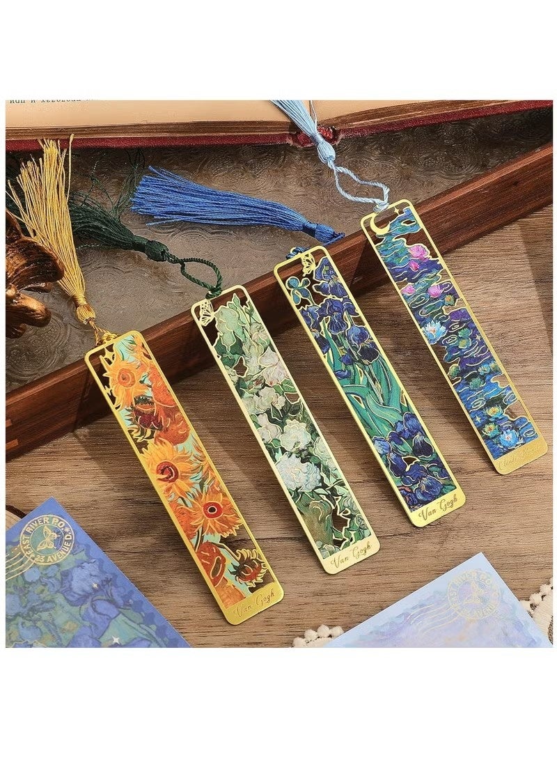 4 Pack Golden Metal Bookmarks with Tassel, Oil Painting Theme, for Book Lovers, Readers, and Writers. - Image 1