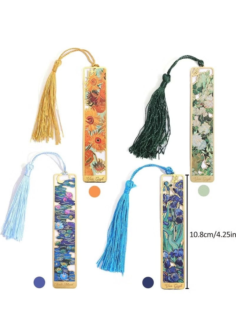 4 Pack Golden Metal Bookmarks with Tassel, Oil Painting Theme, for Book Lovers, Readers, and Writers. - Image 2