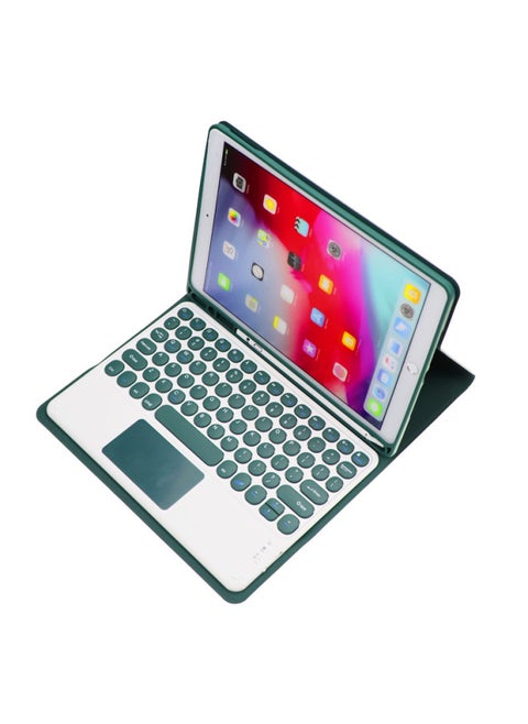 Ipad Keyboard Case Separate Bluetooth Touchpad Mouse Set Inch Round Key Tablet Protective Cover Digital Computer Accessories-Color:Dark Green: Leather Case + Round Touch Keyboard-Product Type:Ipad 10.2inch /7/8/9 Generation 10.5pro Universal