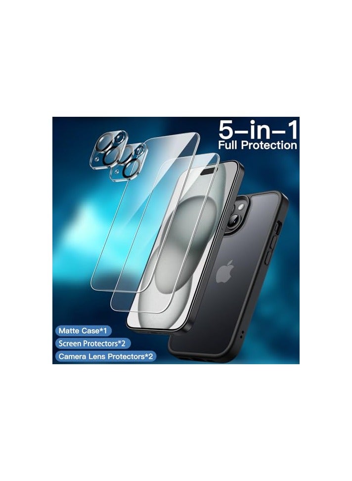 جي تيك حافظة JETech 5 في 1 غير لامعة لهاتف iPhone 15 Plus مقاس 6.7 بوصة مع عبوتين لكل واقي شاشة من الزجاج المقوى وواقي عدسة الكاميرا، غطاء هاتف خلفي شفاف مقاوم للصدمات (أسود) - Image 5