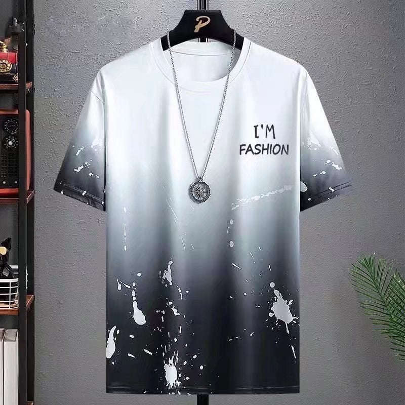 Mens Summer Ice Silk Loose Tee Trendy Splash-ink top white 