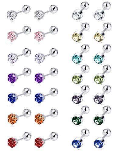 Tornito 14 Pairs Stainless Steel CZ Stud Earrings for Women Multicolor Cubic Zirconia Cartilage Helix Earrings Set Screwback 4MM - Image 1
