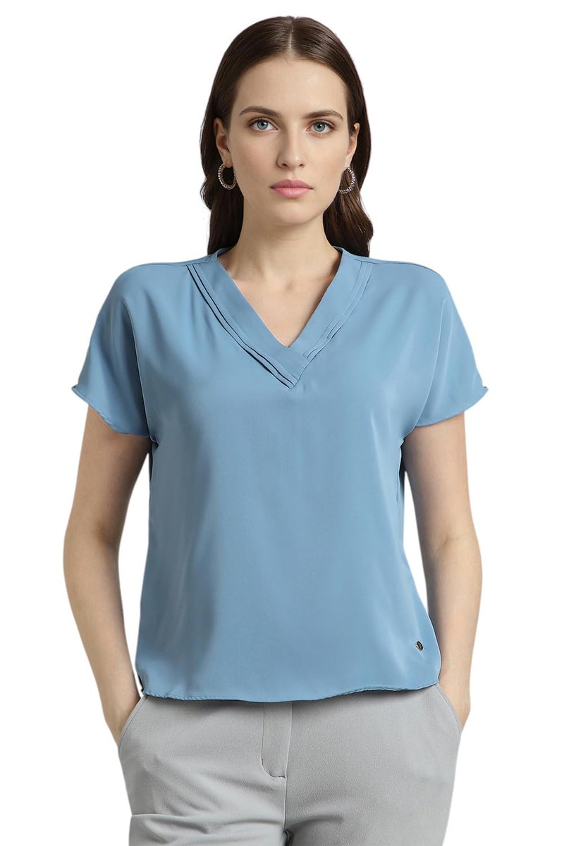 Van Heusen Women Polyester Solid Regular Fit T-Shirt (VWTSURGFL83818_Blue, 2XL - Image 1