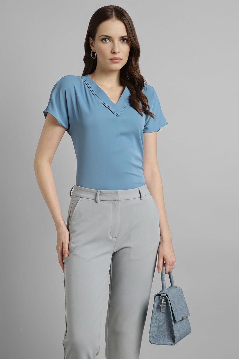 Van Heusen Women Polyester Solid Regular Fit T-Shirt (VWTSURGFL83818_Blue, 2XL - Image 2