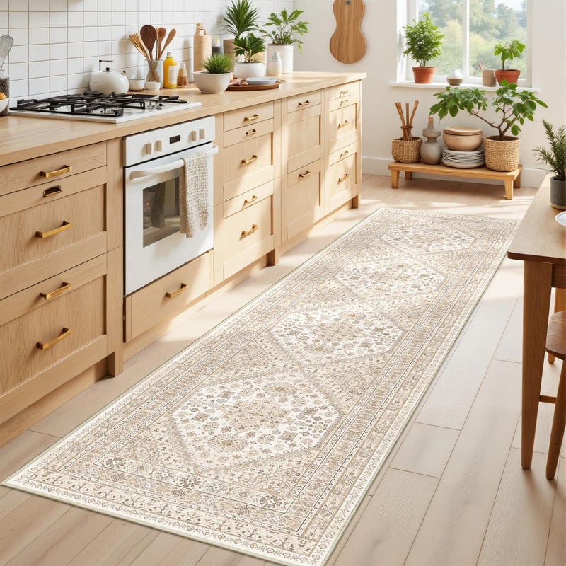 Restydon Runner Rug 2x8 Runners for Hallways Non Slip Washable, Vintage Hallway Runner Rugs for Living Room, Low Pile Soft Hallway Rug for Kitchen Bedroom Laundry Room(Cream/Beige,2'x8') - Image 2