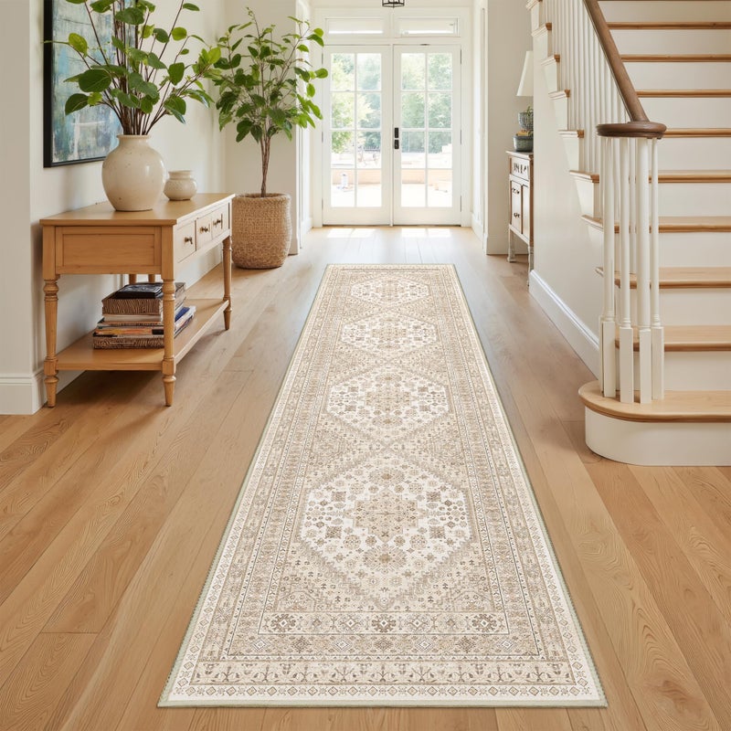 Restydon Runner Rug 2x8 Runners for Hallways Non Slip Washable, Vintage Hallway Runner Rugs for Living Room, Low Pile Soft Hallway Rug for Kitchen Bedroom Laundry Room(Cream/Beige,2'x8') - Image 1