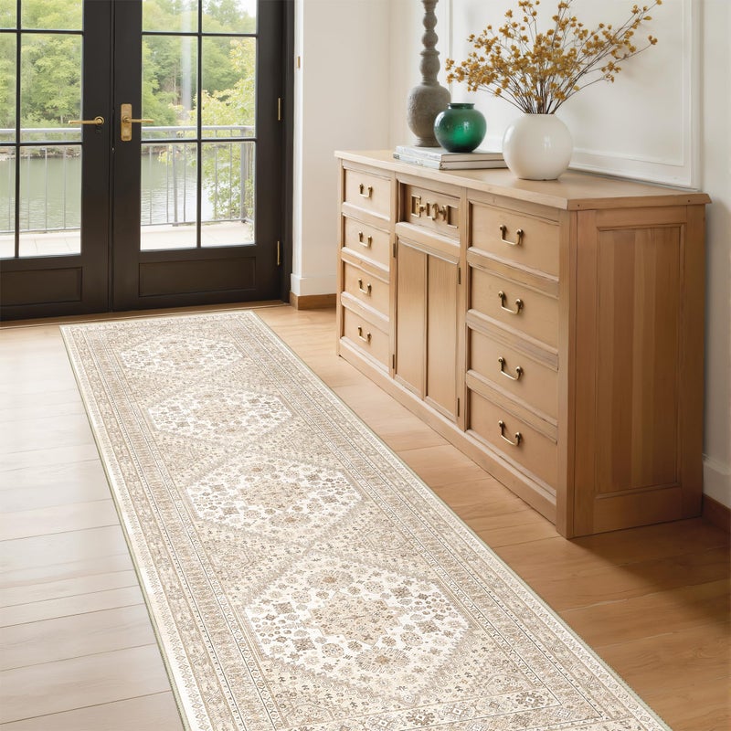 Restydon Runner Rug 2x8 Runners for Hallways Non Slip Washable, Vintage Hallway Runner Rugs for Living Room, Low Pile Soft Hallway Rug for Kitchen Bedroom Laundry Room(Cream/Beige,2'x8') - Image 4