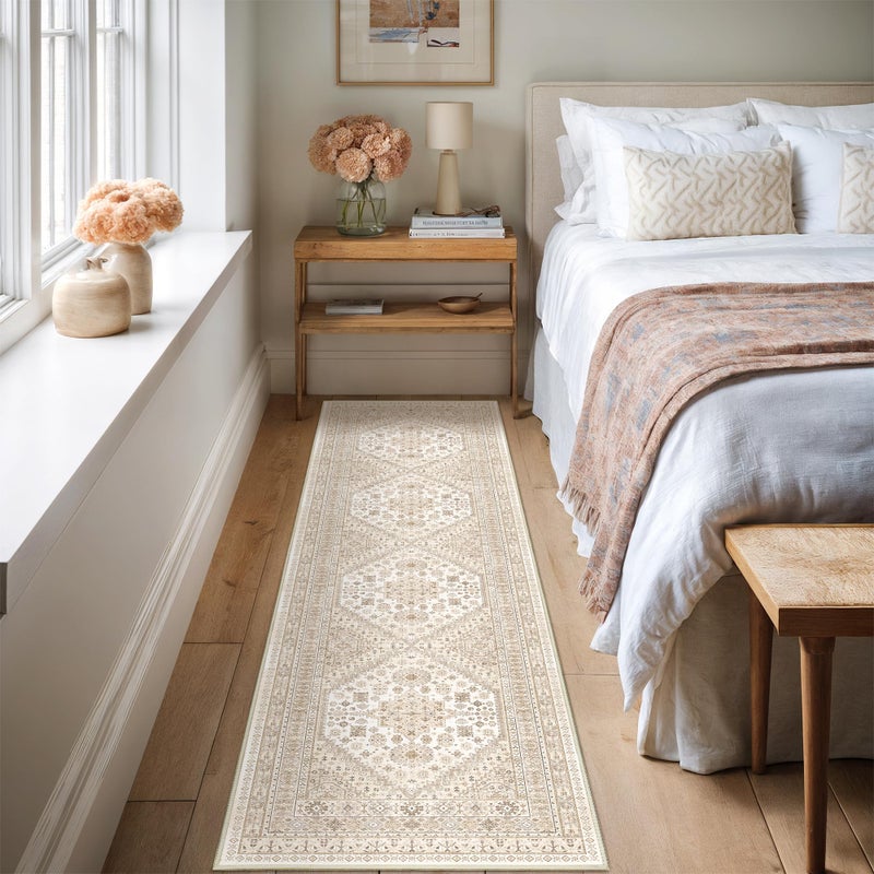 Restydon Runner Rug 2x8 Runners for Hallways Non Slip Washable, Vintage Hallway Runner Rugs for Living Room, Low Pile Soft Hallway Rug for Kitchen Bedroom Laundry Room(Cream/Beige,2'x8') - Image 3