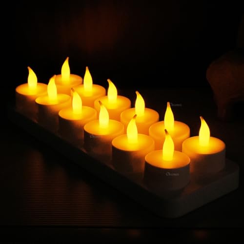 Chronos LED Rechargeable Flameless Tealight, Flickering Tealight Candles White Base with Charging Station (Pack of 12) - Image 3