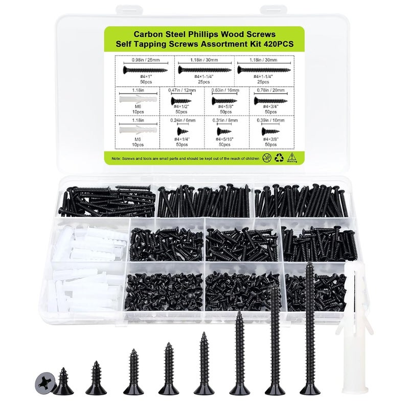 JERLITU #4 Flat Head Small Wood Screws Assortment kit 420Pcs, Black Phillips Short Screw, Carbon Steel, Cabinet Hinge Mounting, Electronics DIY Micro Screws Fasteners Set, Contains 20pcs M6 Screw Anchors - Image 1