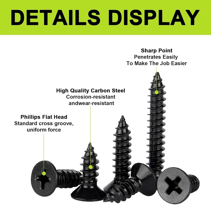 JERLITU #4 Flat Head Small Wood Screws Assortment kit 420Pcs, Black Phillips Short Screw, Carbon Steel, Cabinet Hinge Mounting, Electronics DIY Micro Screws Fasteners Set, Contains 20pcs M6 Screw Anchors - Image 3