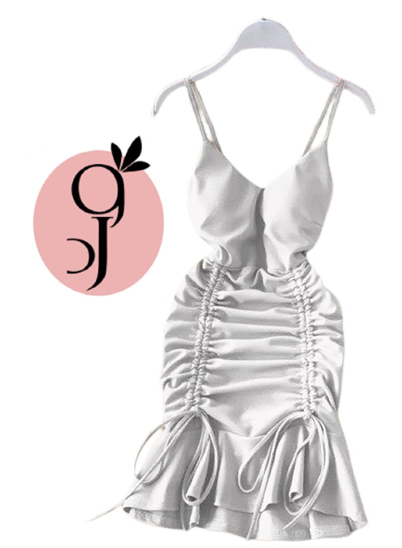 فستان لانجري ميدي نسائي من MANIKAN مزوّد بكشكش (مقاس واحد، أبيض).