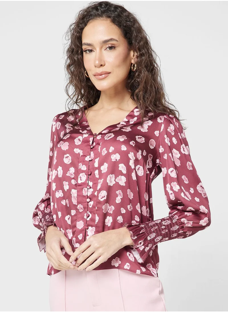 French Connection V-Neck Balloon Sleeve Top