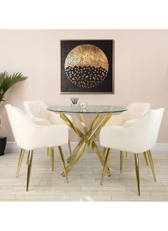 VANITY LIVING Round Dining Table Set, Modern Davos Gold Frame and Glass Top Dinner Breakfast Table + 4 Leon Cream Velvet Dining Chairs for Kitchen and Dining Room