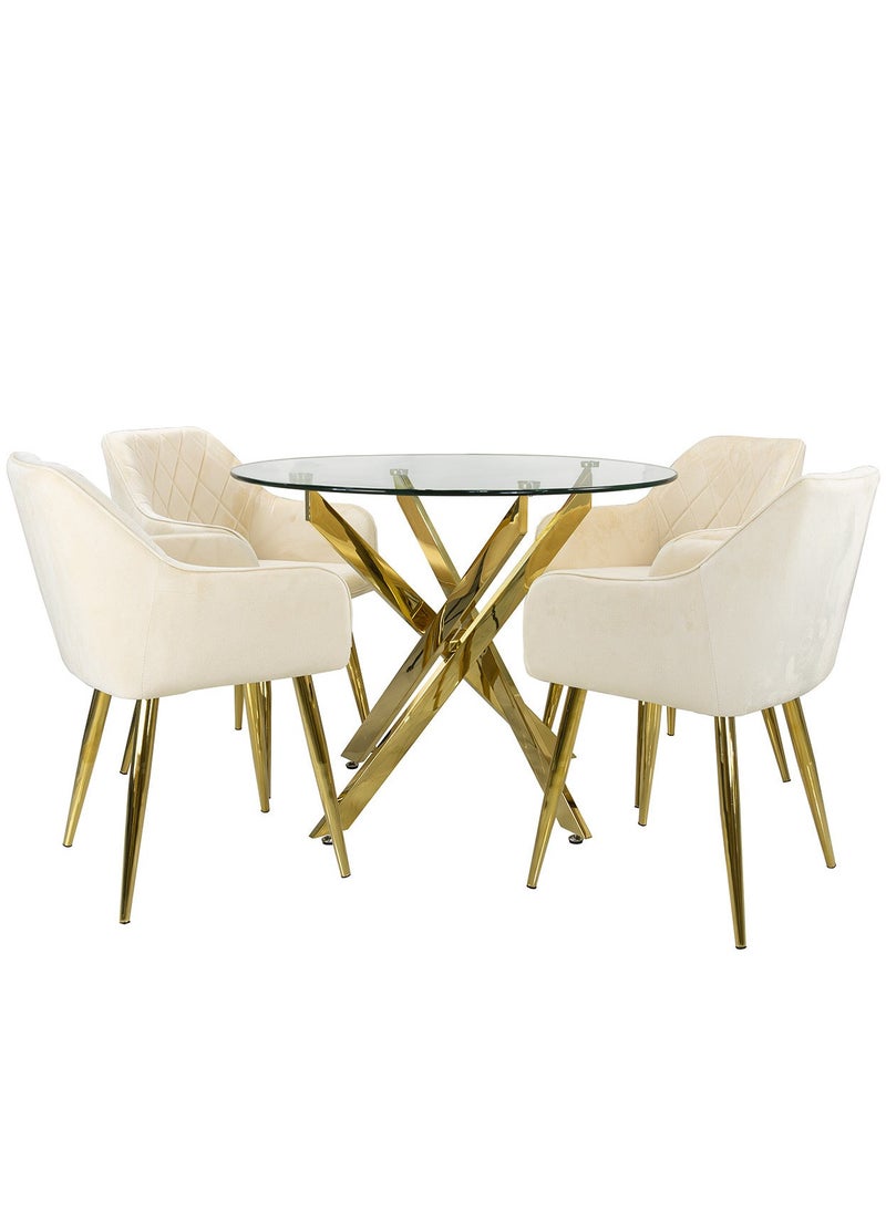 VANITY LIVING - VANITY LIVING Round Dining Table Set, Modern Davos Gold Frame and Glass Top Dinner Breakfast Table + 4 Leon Cream Velvet Dining Chairs for Kitchen and Dining Room - Image 1