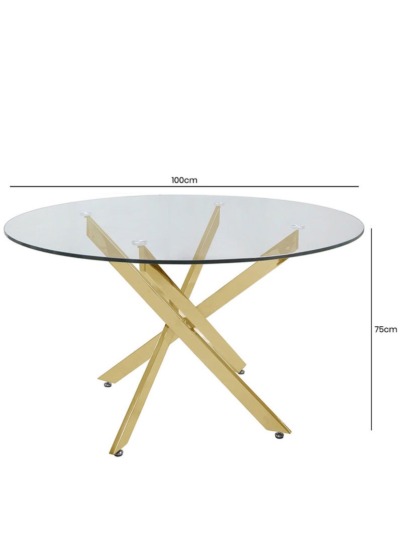 VANITY LIVING - VANITY LIVING Round Dining Table Set, Modern Davos Gold Frame and Glass Top Dinner Breakfast Table + 4 Leon Cream Velvet Dining Chairs for Kitchen and Dining Room - Image 1