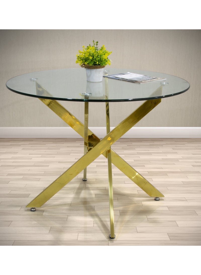 VANITY LIVING - VANITY LIVING Round Dining Table Set, Modern Davos Gold Frame and Glass Top Dinner Breakfast Table + 4 Leon Cream Velvet Dining Chairs for Kitchen and Dining Room - Image 1