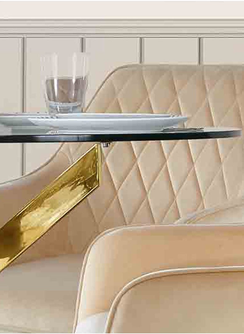 VANITY LIVING - VANITY LIVING Round Dining Table Set, Modern Davos Gold Frame and Glass Top Dinner Breakfast Table + 4 Leon Cream Velvet Dining Chairs for Kitchen and Dining Room - Image 1