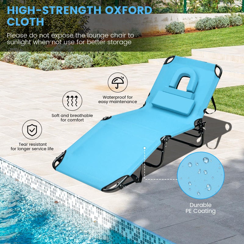 GYMAX Tanning Chair, 330lbs Beach Lounge Chair with Face Hole, Detachable Washable Pillow & Carry Strap, Adjustable Folding Chaise Lounge, Layout Chair for Outside, Patio, Poolside, Lawn (1, Arctic) - Image 3