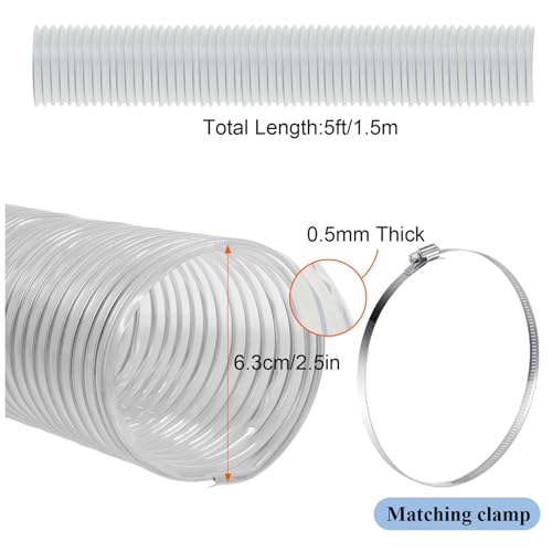 Amylove 25 Inch 5 ft Heavy PVC Dust Collection Hose Flexible Clear PVC Fume Hose with Stainless Steel Wire Coil and Clamp Puncture Resistant Vacuum Fittings Dust Collector Accessories - Image 3