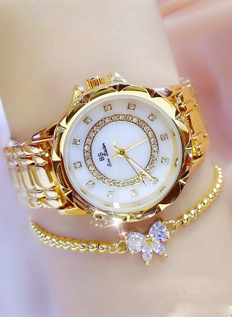 BS Women Fashion Watch Metal Case Band Analog Wrist Watch Glittering Diamond Quartz Watch and Bracelet Set - Image 1