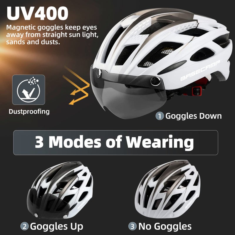 BASECAMP Bike Helmet, Basecamp Bicycle Helmet with Rear Light & Detachable Magnetic Goggles Lightweight Cycling Helmet Adjustable for Adult Men Women Mountain & Road (BC-069) - Image 2