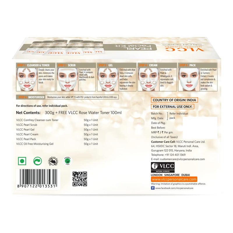VLCC Pearl Facial Kit with FREE Rose Water Toner 300g 100ml Luminous and Radiant Skin At Home Facial with Pearl Extracts Sandalwood Turmeric Aloe Vera Tan Removal Facial Kit - Image 2
