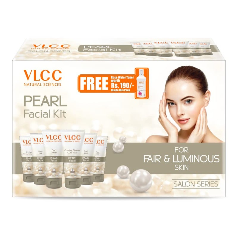 VLCC Pearl Facial Kit with FREE Rose Water Toner 300g 100ml Luminous and Radiant Skin At Home Facial with Pearl Extracts Sandalwood Turmeric Aloe Vera Tan Removal Facial Kit - Image 1