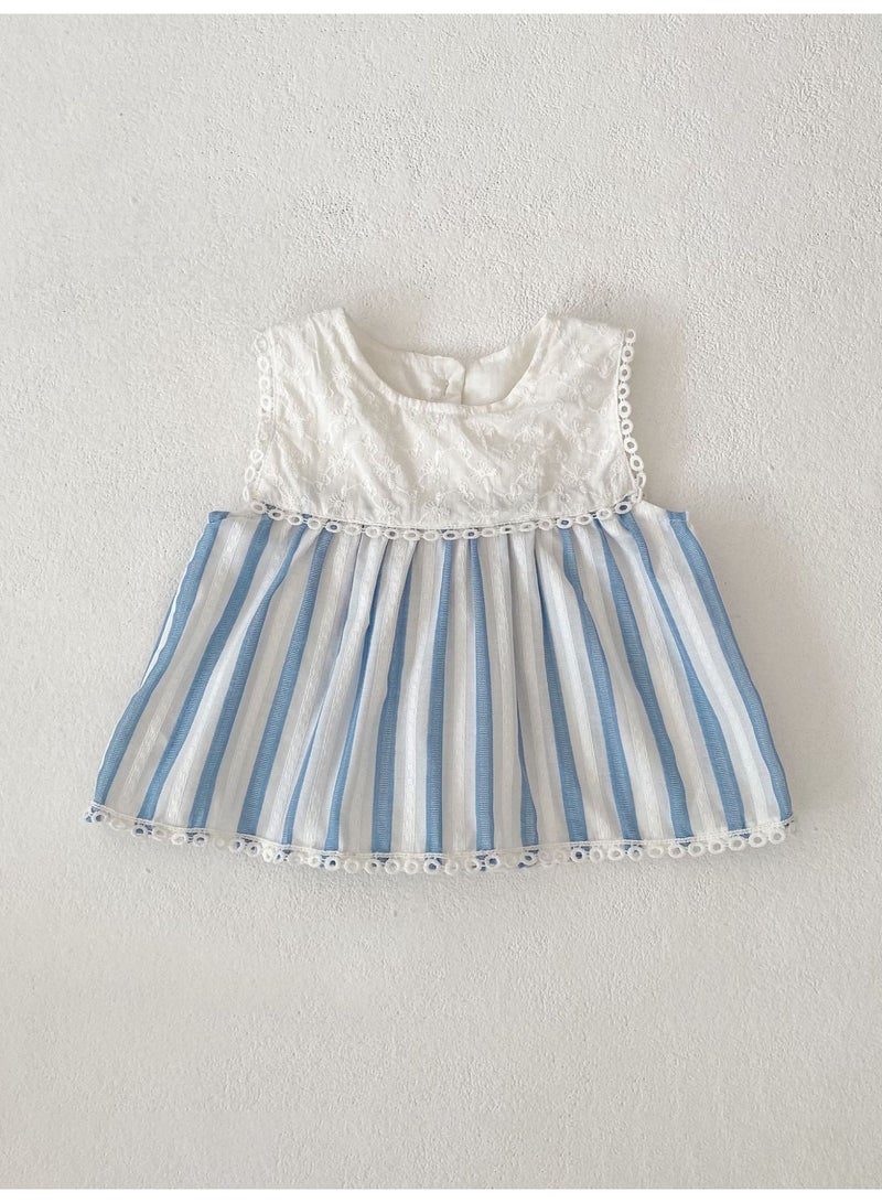 Bafanou Bafanou Baby Clothes Summer Girls Embroidered Sleeveless Top Striped Pants 2-piece Set Fashion Children's Suit  - Image 4