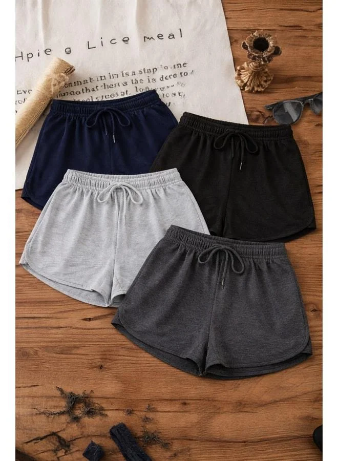 Women's 4‑Piece Slit Jersey Fabric Regular Fit Black‑Navy‑Gray‑Anthracite Short Mini Everyday Shorts.