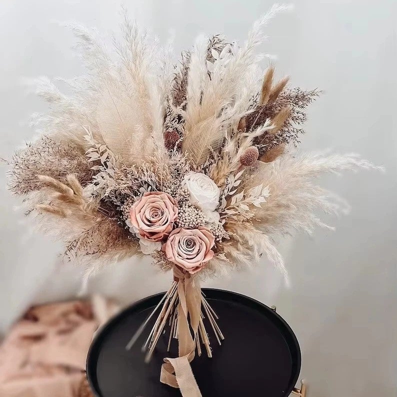 Bluejw Wedding Bouquet Dried Flowers Pampas Grass Bundle - Mini Burnt Bridal Bouquet with Real Natural Dried Plants - Image 2