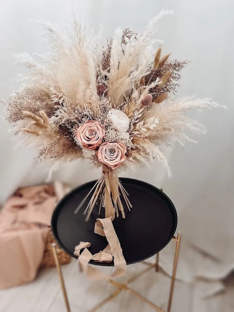 Bluejw Wedding Bouquet Dried Flowers Pampas Grass Bundle - Mini Burnt Bridal Bouquet with Real Natural Dried Plants - Image 1