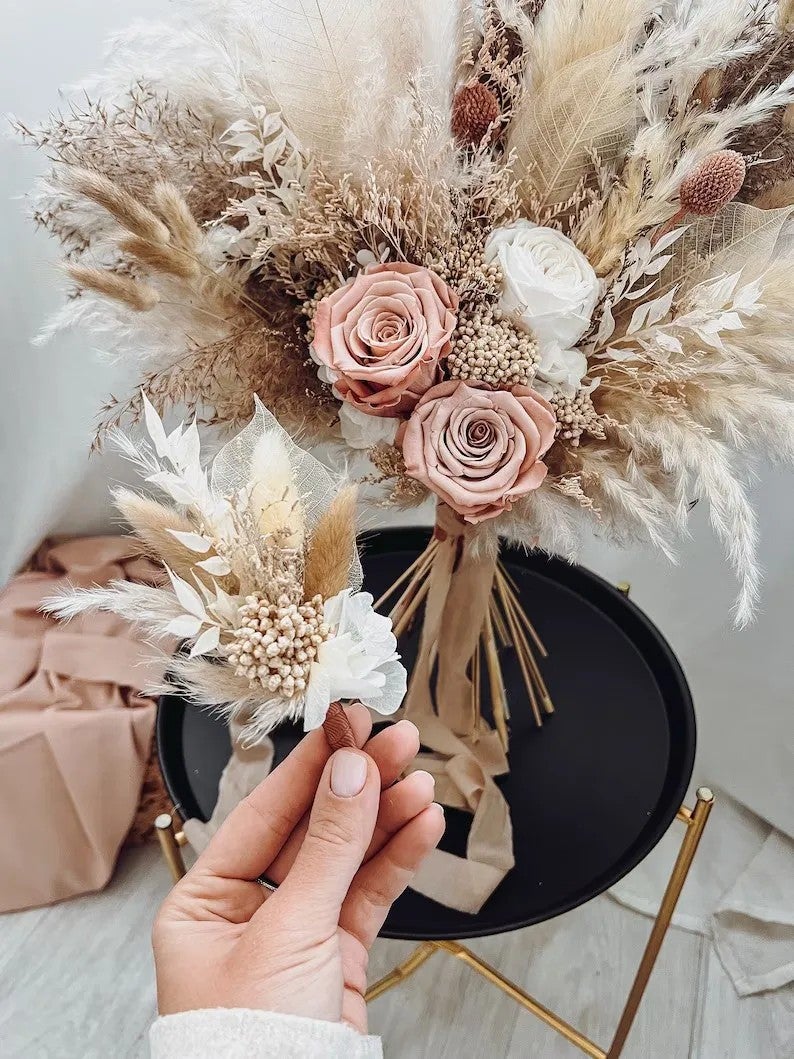 Bluejw Wedding Bouquet Dried Flowers Pampas Grass Bundle - Mini Burnt Bridal Bouquet with Real Natural Dried Plants - Image 4