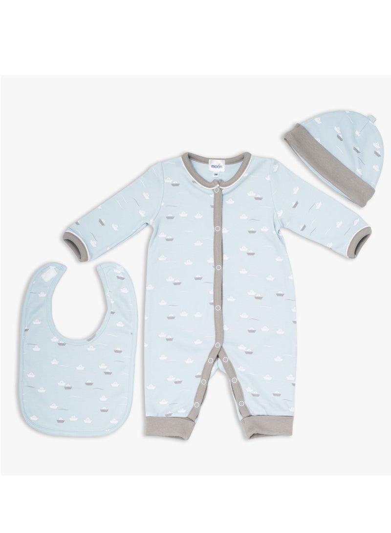 MOON 100% Cotton  Sleepsuit, Hat And Bib 3pcs 3-6M Teal - Little Boat - Image 1