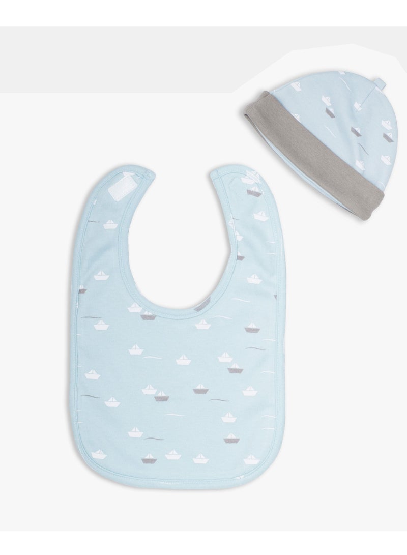 MOON 100% Cotton  Sleepsuit, Hat And Bib 3pcs 3-6M Teal - Little Boat - Image 3