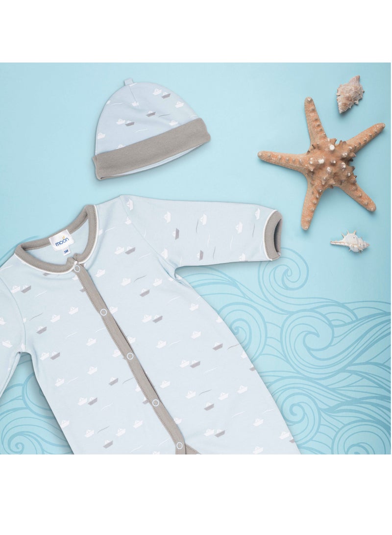 MOON 100% Cotton  Sleepsuit, Hat And Bib 3pcs 3-6M Teal - Little Boat - Image 5