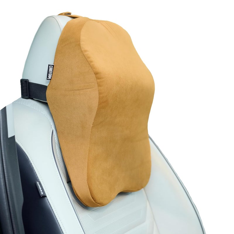 CareFoam Ultimate Memory Foam Car Neck Rest Pillow Ultrasoft Car Pillow for Comfortable Car Rides Superior Neck Support Cushion Relieves Neck Pain Tan Velvet Cover 14 x11 x5 Inch Pack of 1 - Image 1