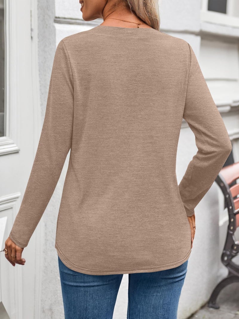 WYNNQUE Womens Long Sleeve Shirts Business Casual Outfits Dressy Tops Blouses Henley V Neck Fall Clothes Khaki XL - Image 4