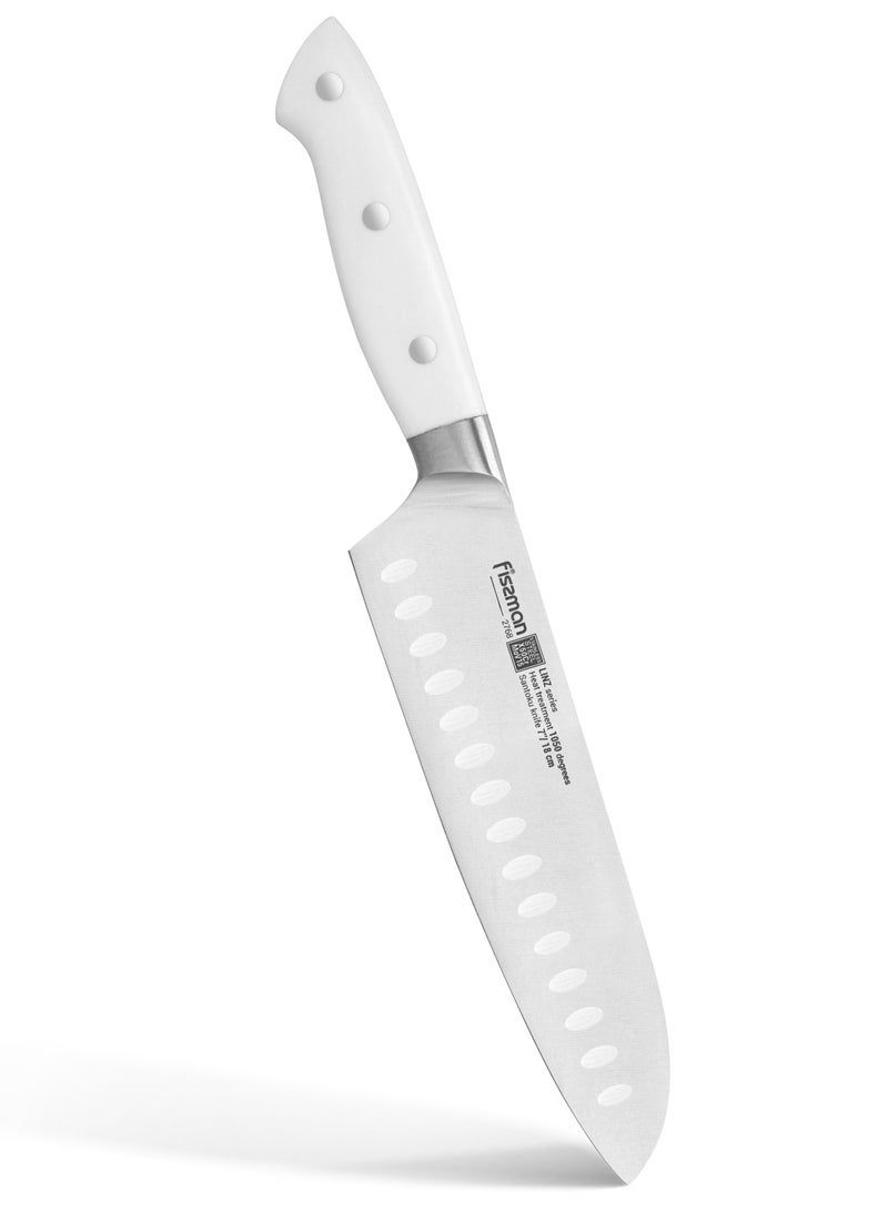 Fissman 7" Santoku Knife, German Stainless Steel X30Cr13 Kitchen Knife Mainz Series | Granton Design Prevents Food Sticking | White ABS Handle | Razor-Sharp Santoku Knife for Home, Kitchen, Restaurant  - Image 1