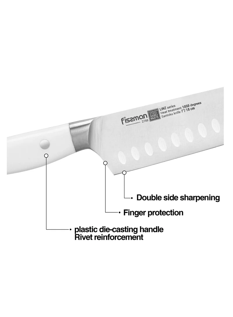 فيسمان 7" Santoku Knife, German Stainless Steel X30Cr13 Kitchen Knife Mainz Series | Granton Design Prevents Food Sticking | White ABS Handle | Razor-Sharp Santoku Knife for Home, Kitchen, Restaurant