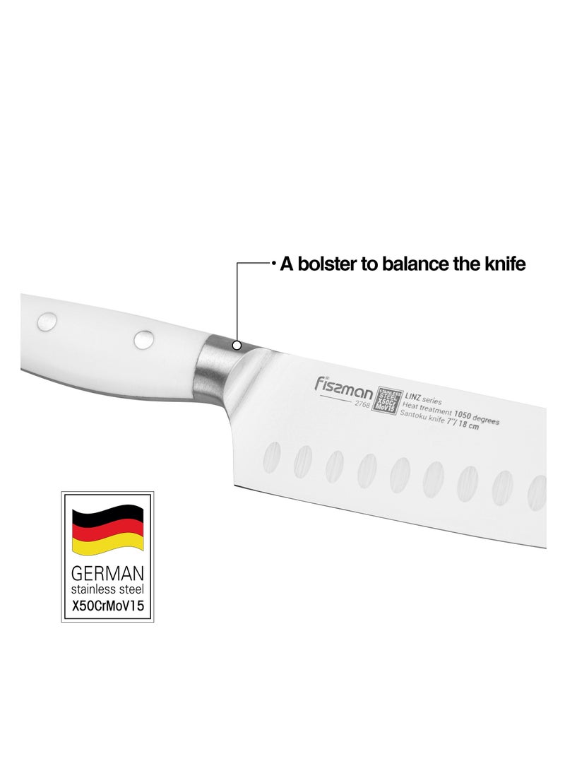 Fissman 7" Santoku Knife, German Stainless Steel X30Cr13 Kitchen Knife Mainz Series | Granton Design Prevents Food Sticking | White ABS Handle | Razor-Sharp Santoku Knife for Home, Kitchen, Restaurant  - Image 3