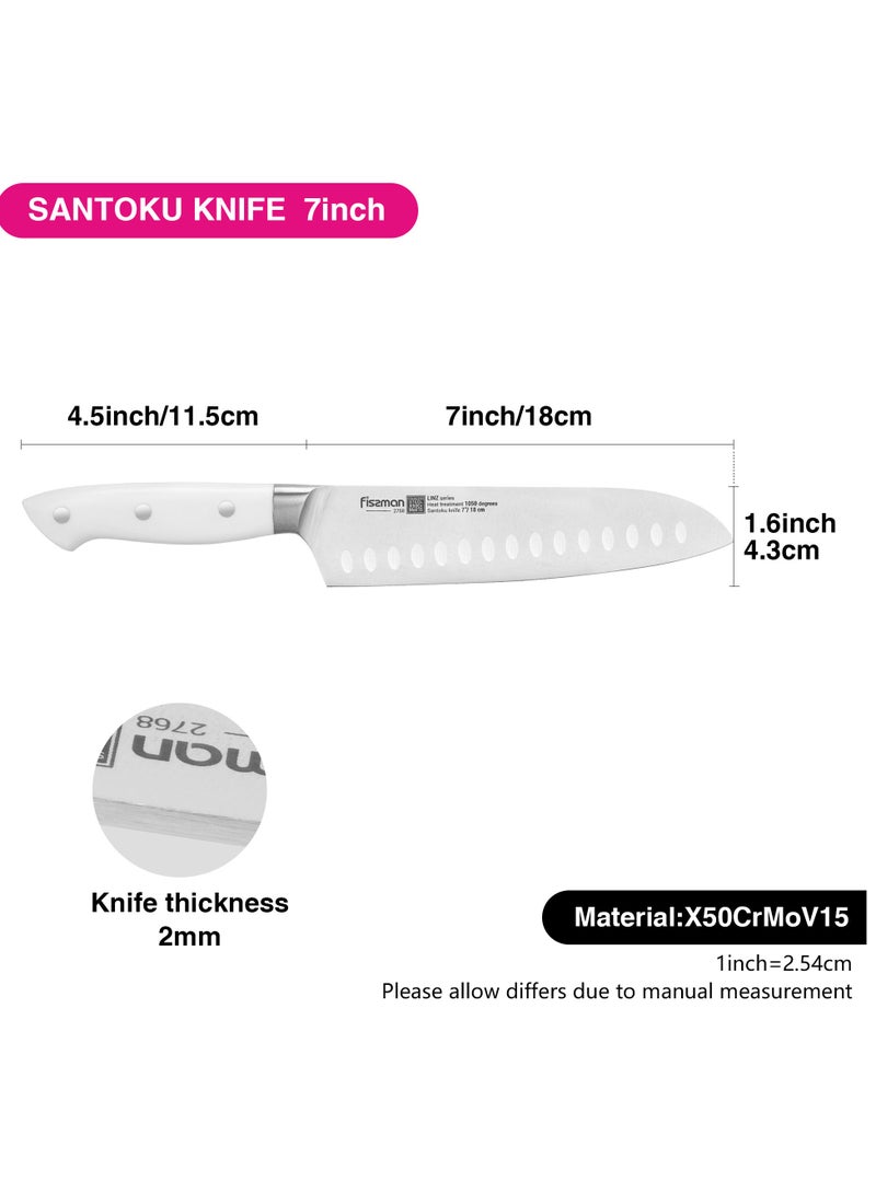 Fissman 7" Santoku Knife, German Stainless Steel X30Cr13 Kitchen Knife Mainz Series | Granton Design Prevents Food Sticking | White ABS Handle | Razor-Sharp Santoku Knife for Home, Kitchen, Restaurant  - Image 4