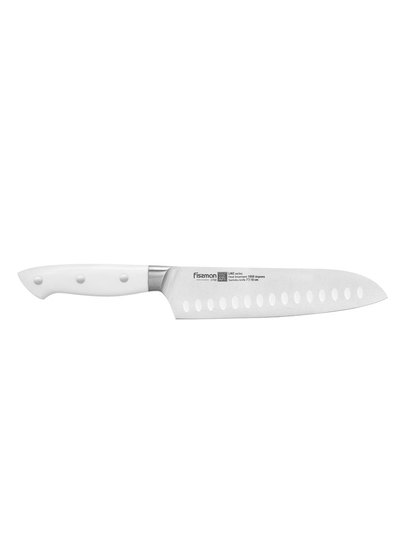 Fissman 7" Santoku Knife, German Stainless Steel X30Cr13 Kitchen Knife Mainz Series | Granton Design Prevents Food Sticking | White ABS Handle | Razor-Sharp Santoku Knife for Home, Kitchen, Restaurant  - Image 5