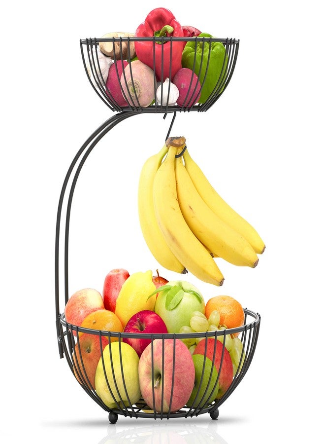 RICCLE Fruit Basket For Kitchen Counter - Fruit Basket With Banana Hanger - Double Layer Metal Wire Fruit Bowl For Countertop - Fruit Holder For Produce, Vegetables - Image 1