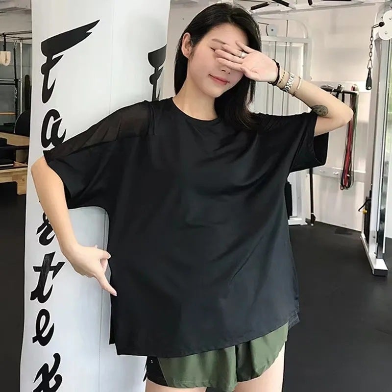 Generic Yoga short-sleeved quick-drying T-shirt spring and summer thin running workout clothes plus size sports top womens loose chubby girl blouse 887# black short-sleeved top 