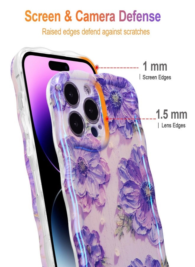 EYZUTAK جراب EYZUTAK لهاتف iPhone 13 Pro، بنمط زهور مطبوع عليه رسومات زيتية ملونة بنمط ريترو لامع، مع حواف مموجة لطيفة، غطاء هاتف أنيق ومتين من مادة TPU لحماية الفتيات والسيدات - بنفسجي - Image 4