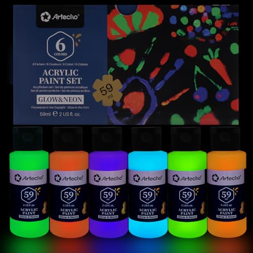 Artecho Glow in the Dark Paint 6 Colors, 60 ml / 2 oz Acrylic Paint for Decoration, Art Painting, Outdoor and Indoor Art Craft, Supplies for Canvas, Rock, Wood, Waterproof Rich Pigments - Image 1